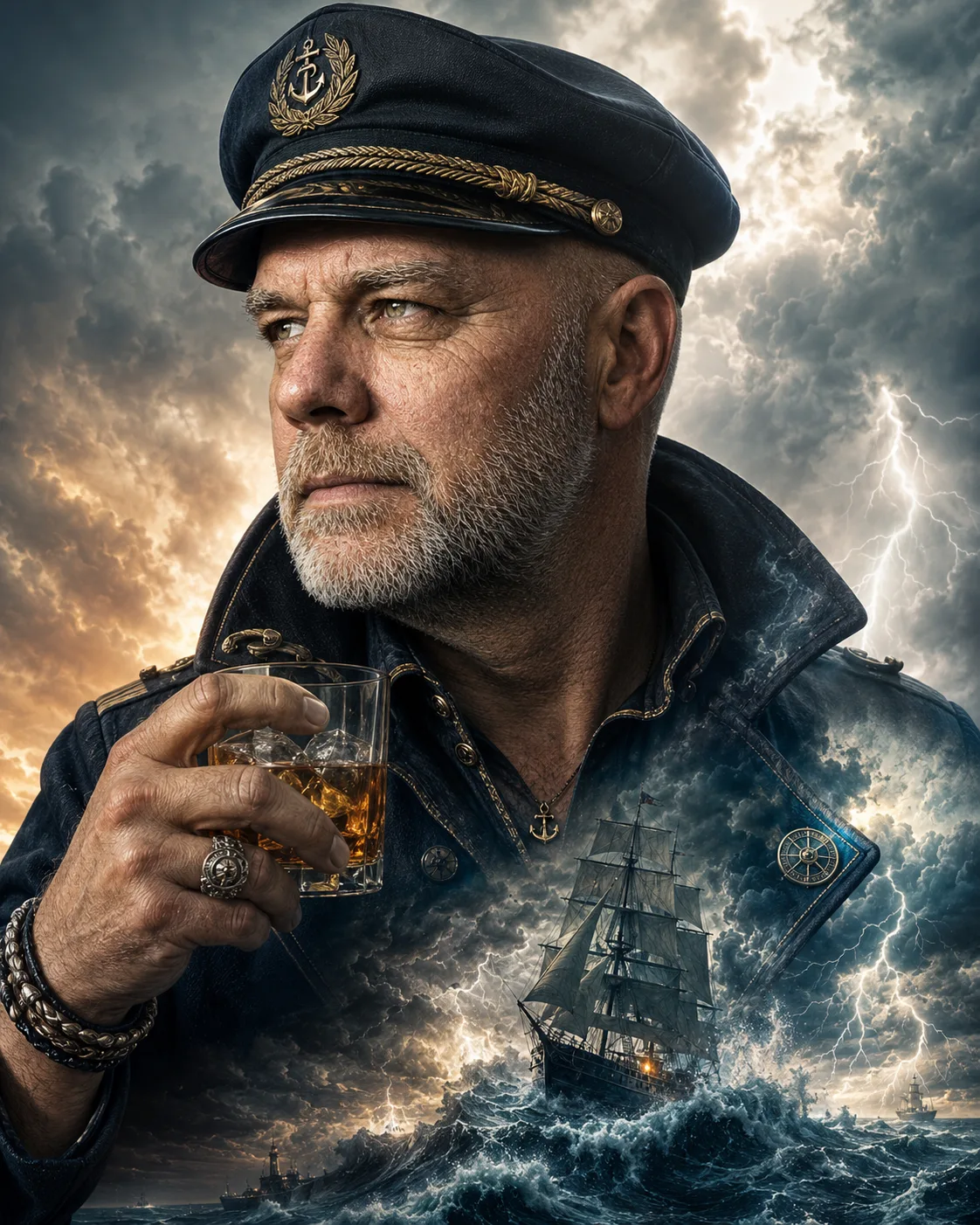 A ship captain drinking with a sea overlay