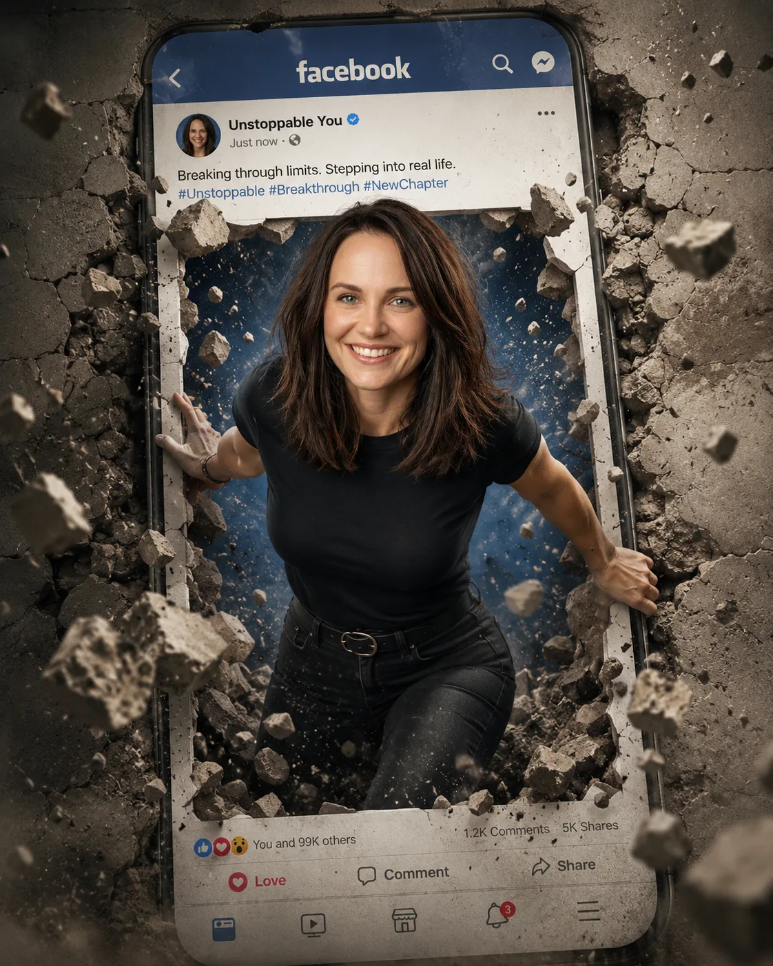 A woman breaking out of a social media page on a mobile phone