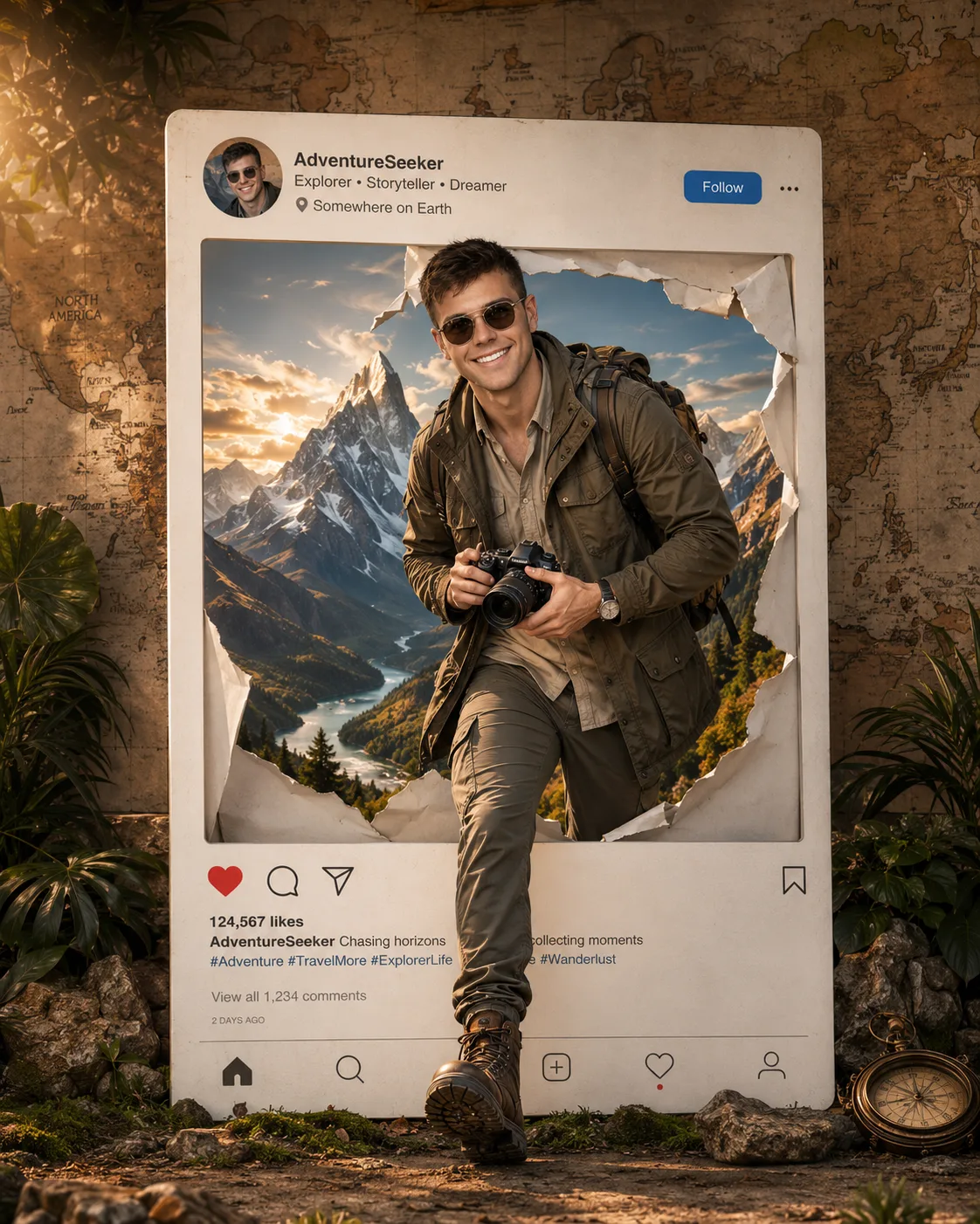 An adventurer walking through an Instagram page.