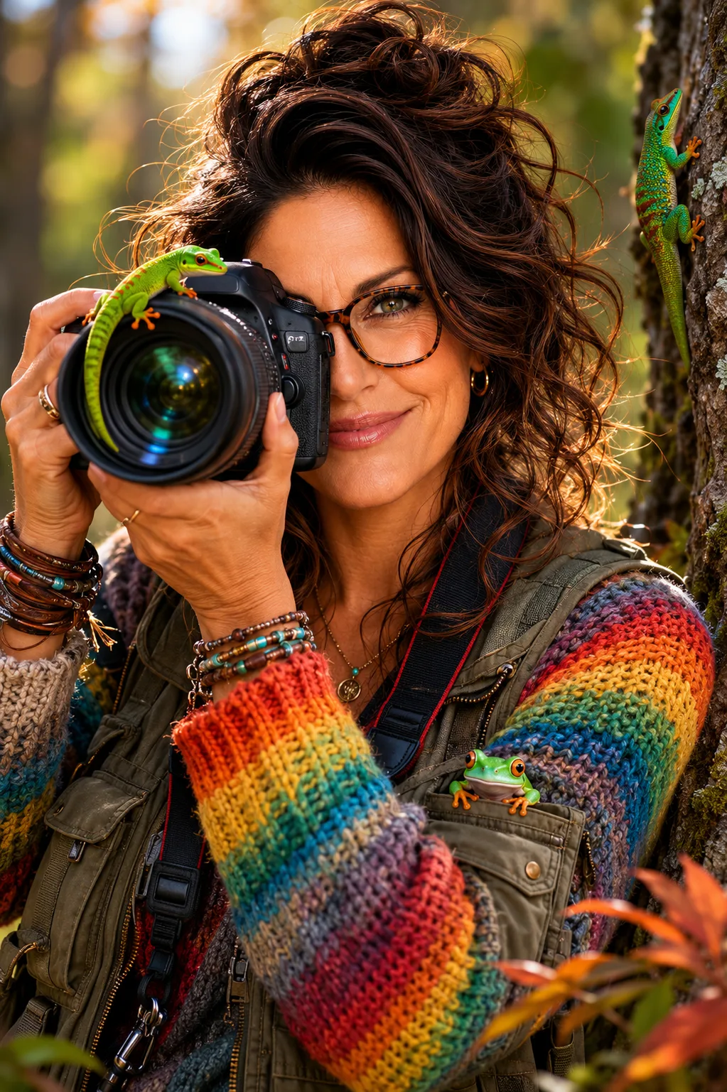 A photographer holding a camera with a gecko on the lens