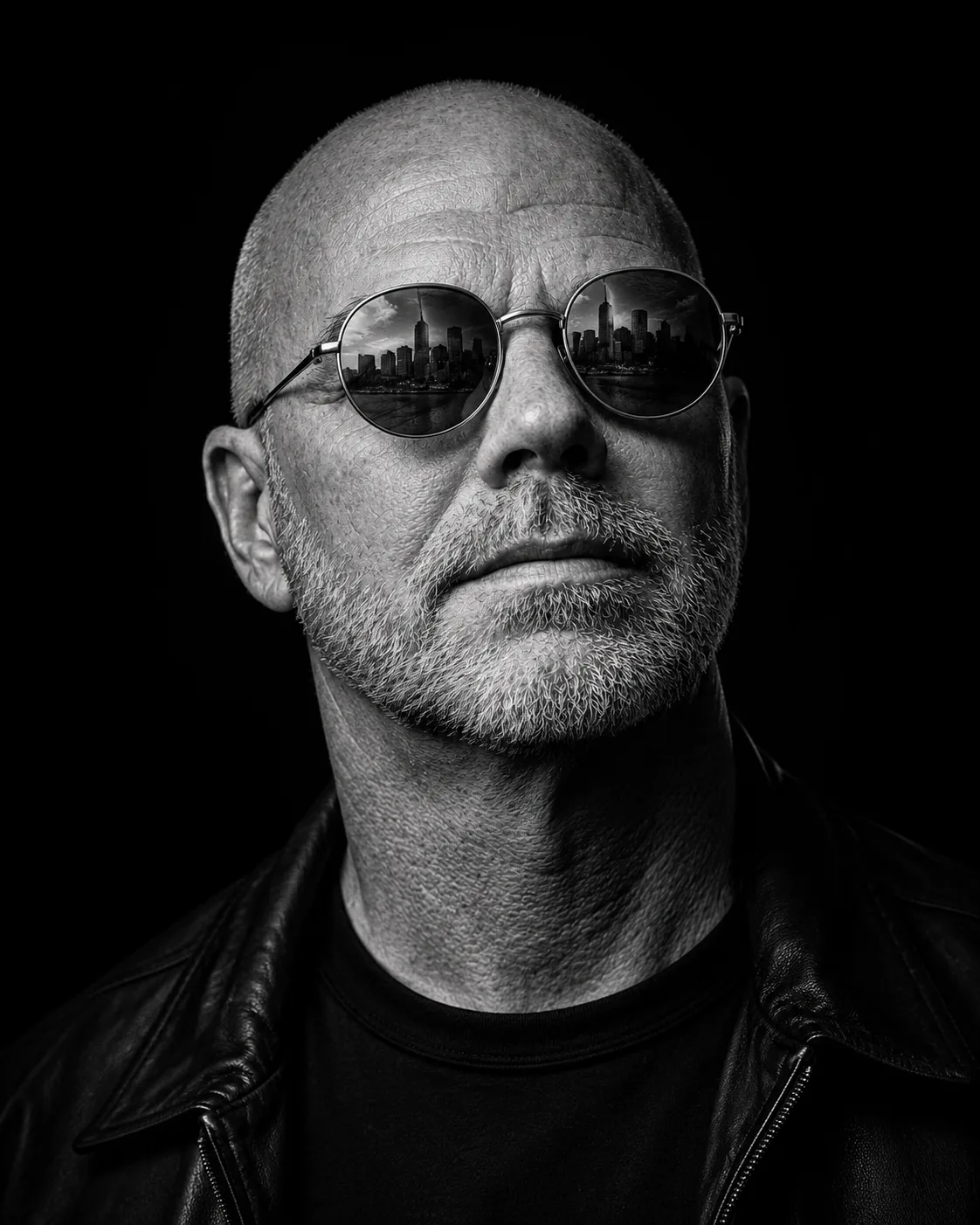 A man posing with round sunglasses