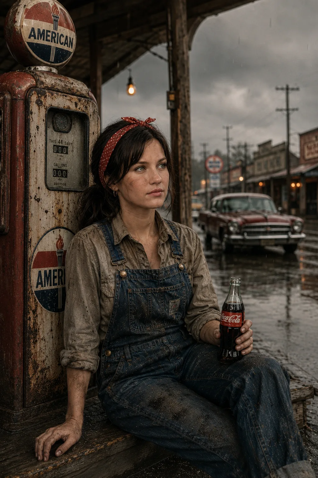 A woman enjoying a soda at a vintage gas station.