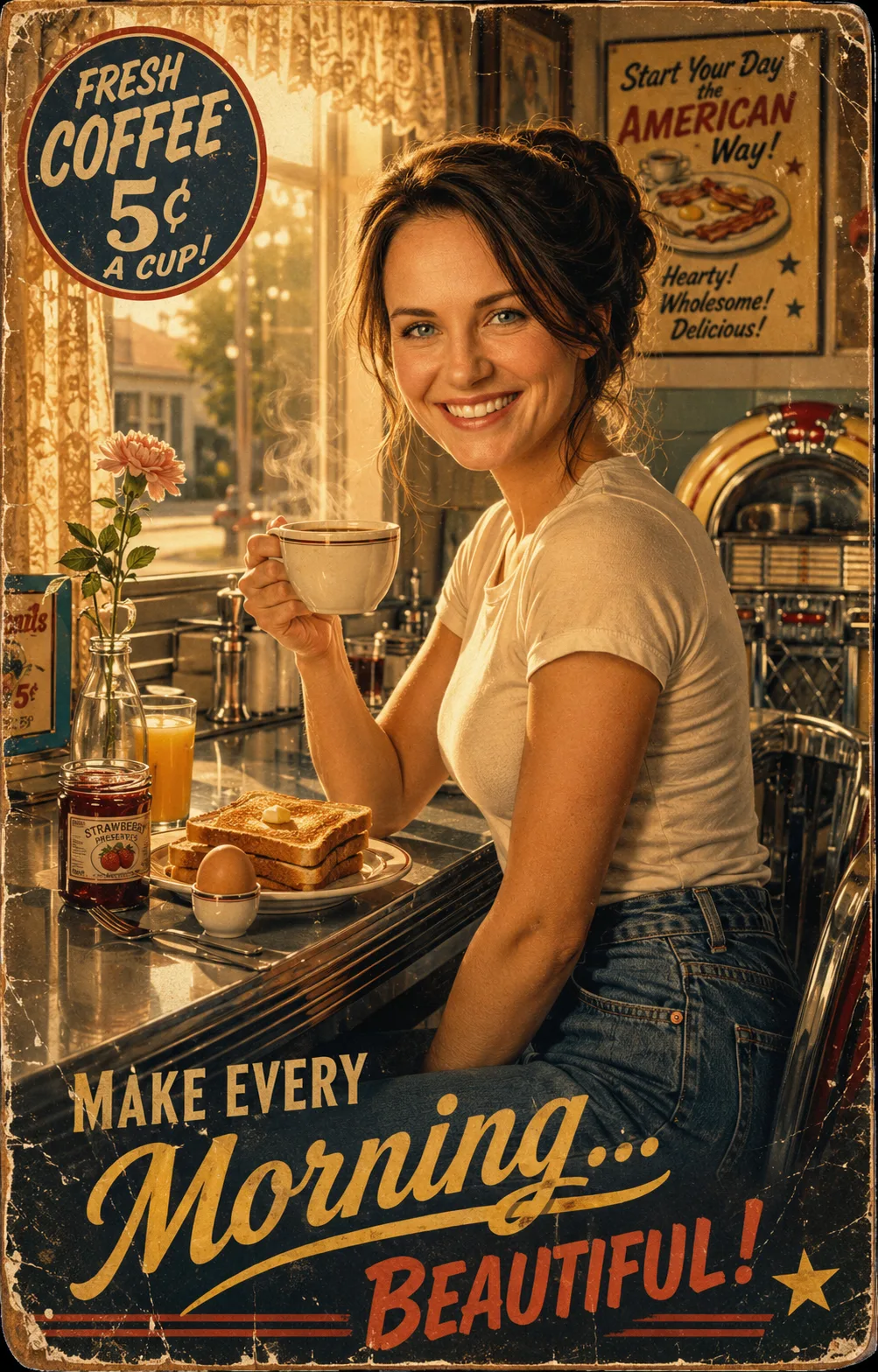 A vintage 1940s poster of a women having a coffee