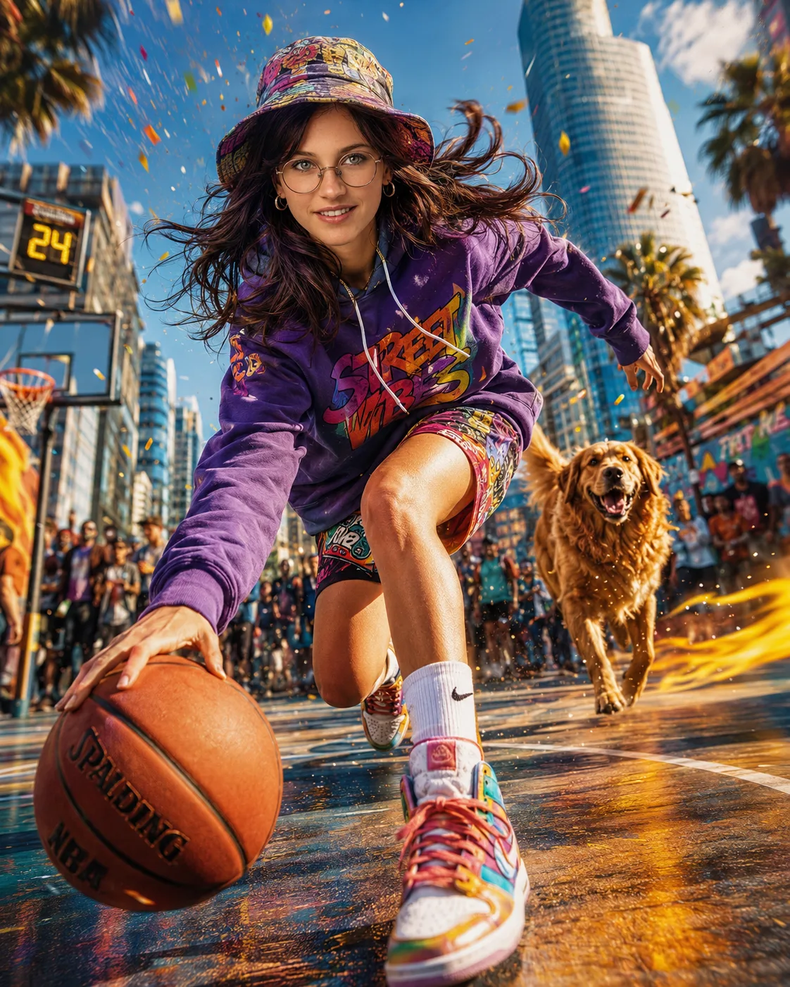 A colorful action shot of a female playing basketball
